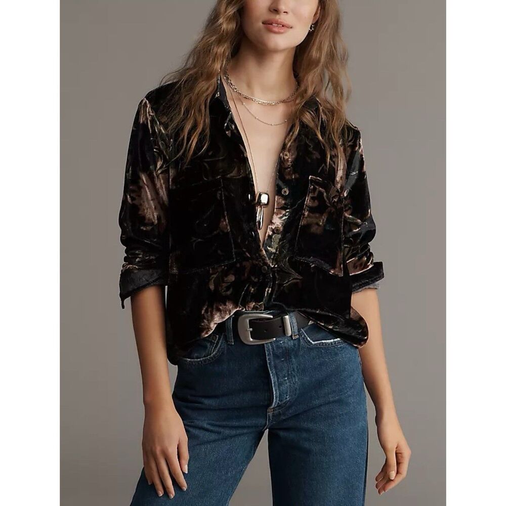 Anthropologie Pilcro Hadley Velvet Relaxed Buttondown Shirt Size XS Floral